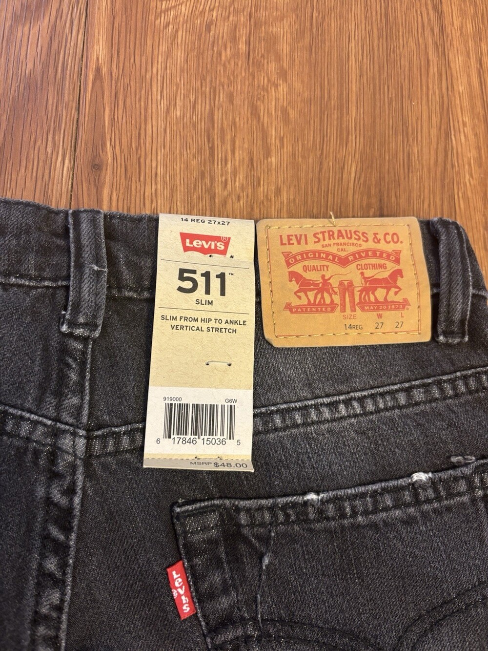 Levi’s 511 Slim Jeans Black Youth Distressed 14 27x27 Stretch NWT